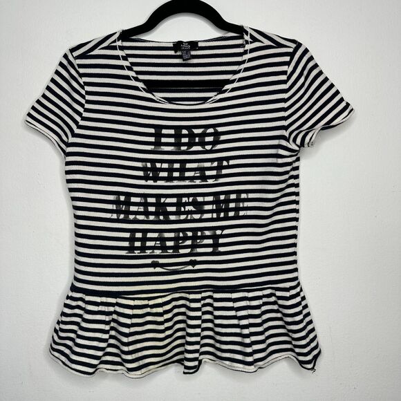 MNG Mango Black White Stripe I Do What Makes Me Happy Short Sleeve Ruffle Tee SM - Picture 9 of 9